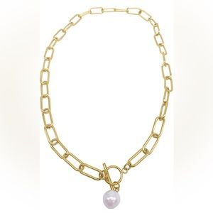 Adornia 14k Gold plated 8mm Pearl Charm paper clip chain Toggle Necklace